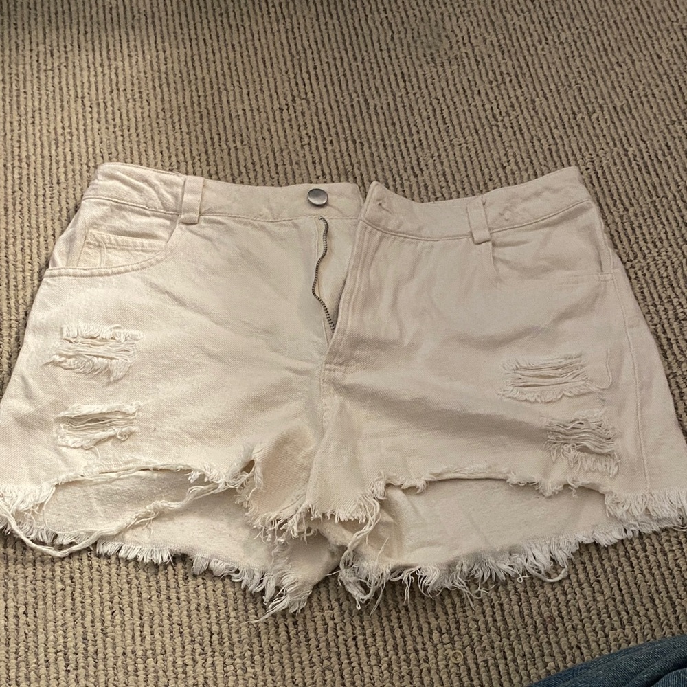 Sage Cream Distressed Jean Shorts